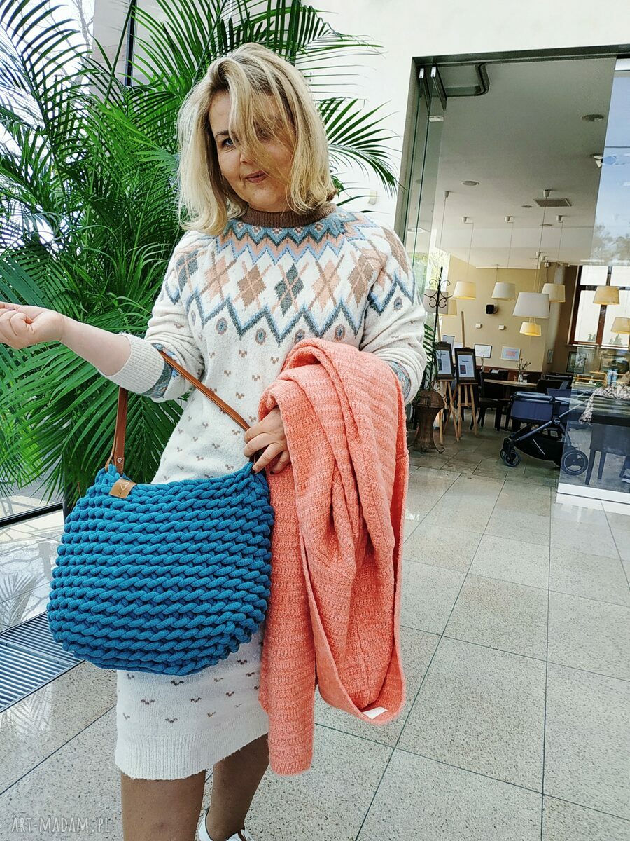 Torba na ramię Boho Weave Bag z sznurka bawełnianego - morski - ręcznie szydełkowana