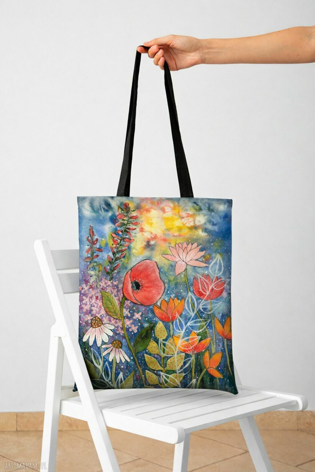 Torba na zakupy akwarela Kwiaty łąka - wodoodporna Codura FULLPRINT
