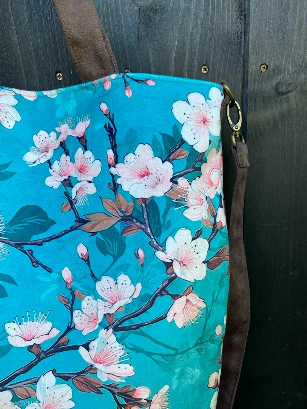 Torba na ramię XXL - print „Kwitnąca Wiśnia” (welur)