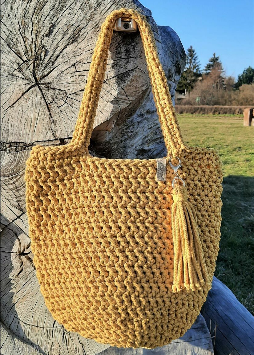 Torba na ramię w kolorze musztardowym - szydełkowa ze sznurka, handmade