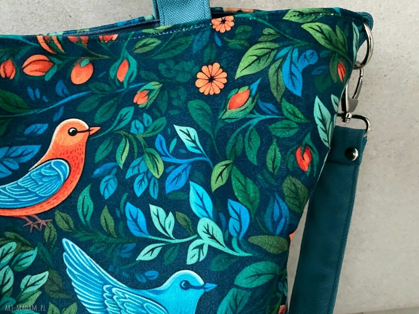 Torba XXL z weluru w print Ptaszki i Liście (wegańska)