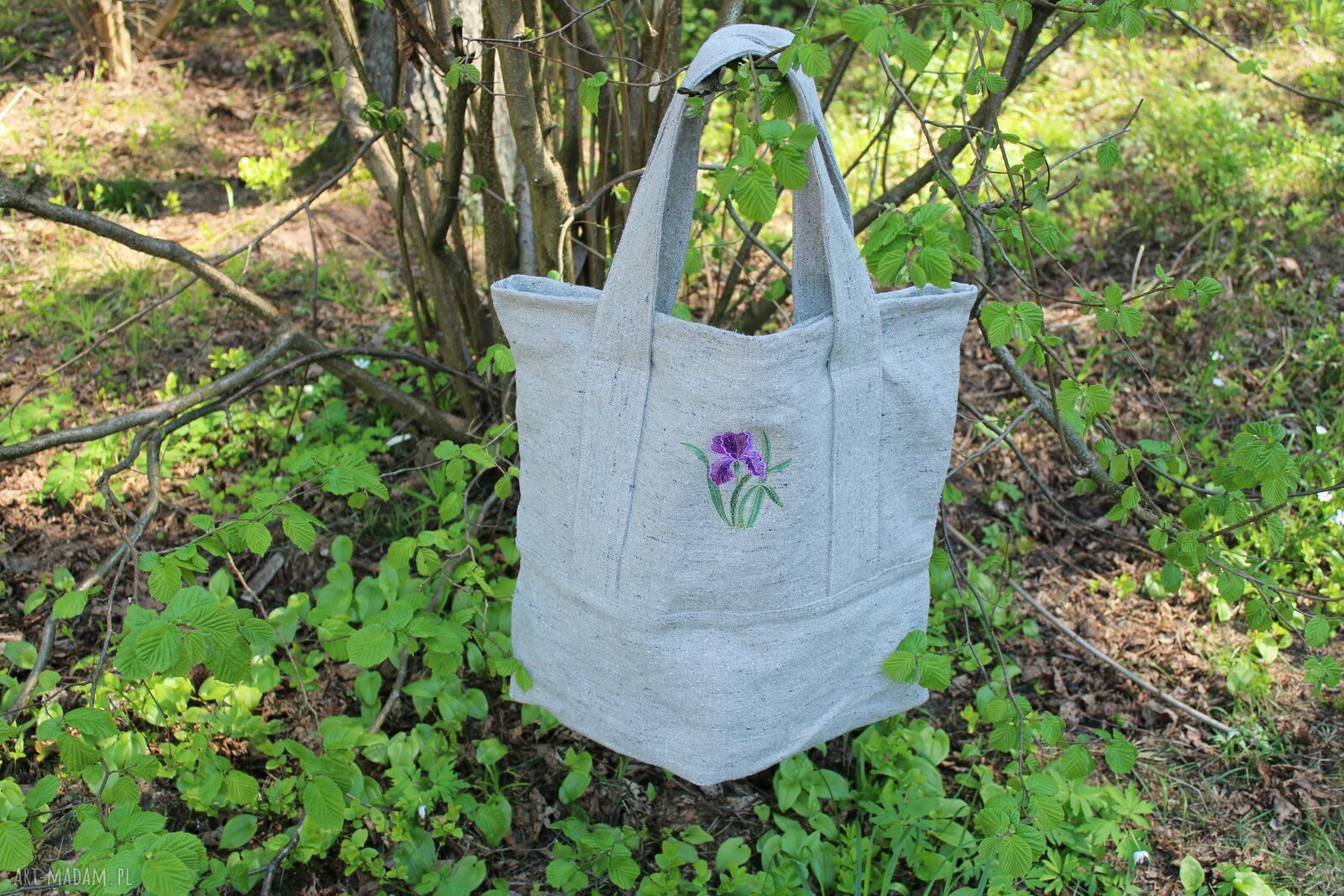 Torba lniana duża na ramię IRYS - haft z 100% lnu 56x48 cm