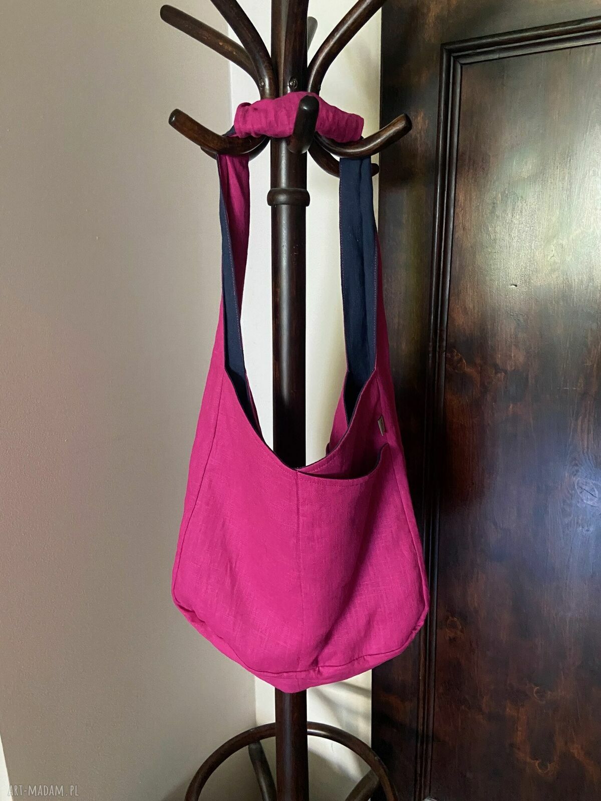 Torba lniana dwustronna 100% naturalny len 49x38 cm na ramię - różowy i granatowy