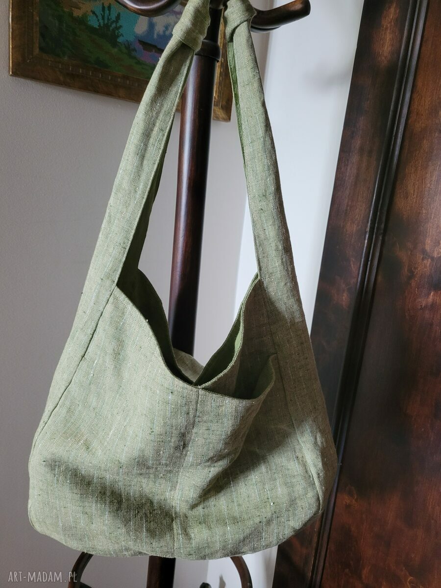 Torba lniana dwustronna na ramię z lnu 100% - 49x38 cm (zielone i oliwkowe paski)
