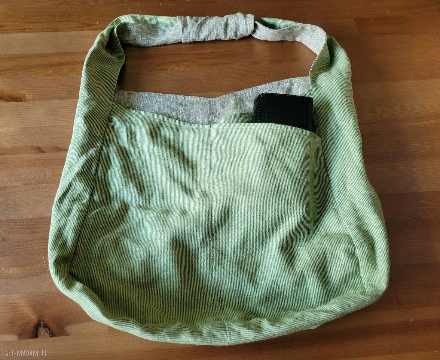 Torba lniana dwustronna na ramię z lnu 100% - 49x38 cm (zielone i oliwkowe paski)