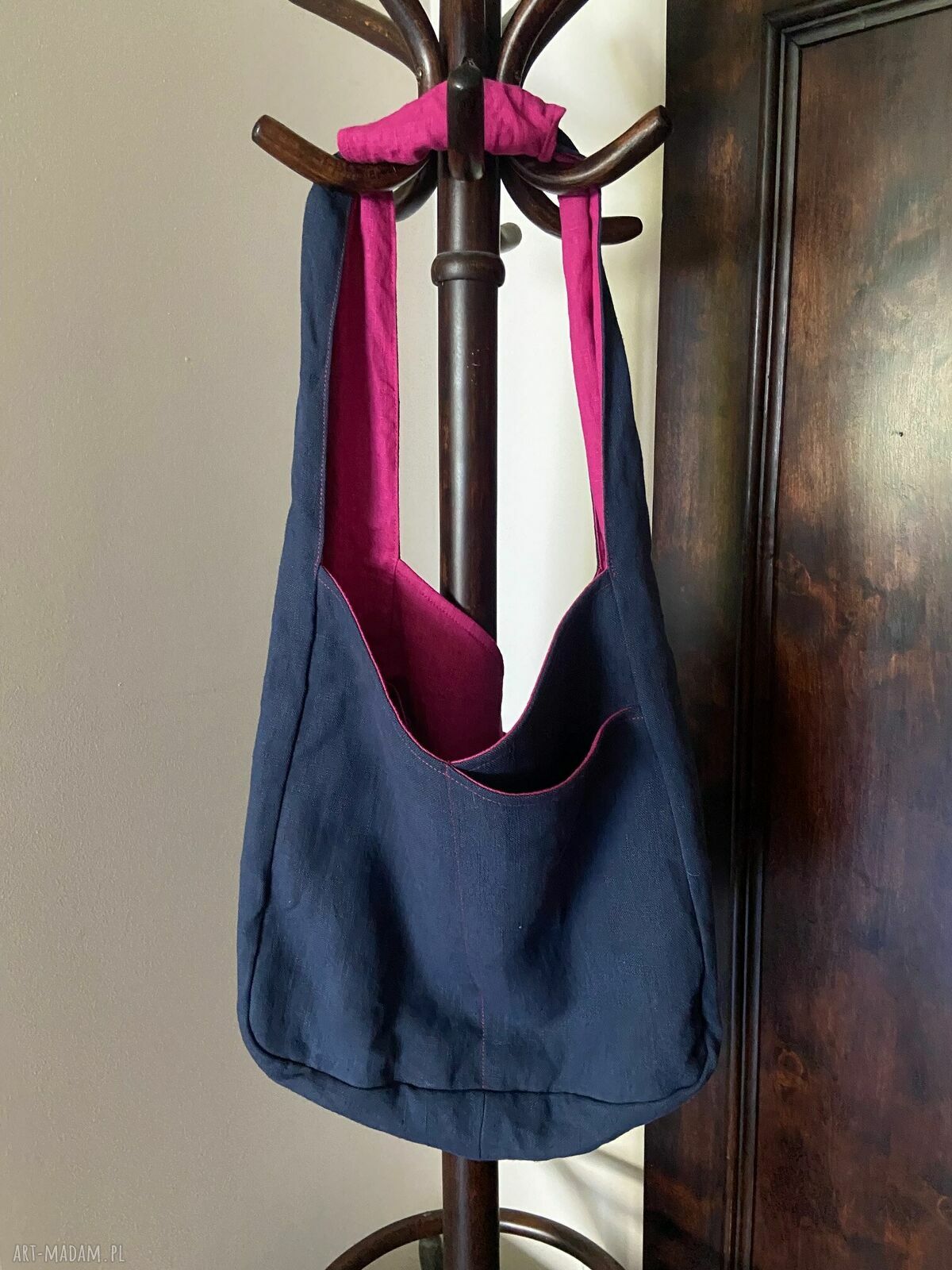 Torba lniana dwustronna 100% naturalny len 49x38 cm na ramię - różowy i granatowy