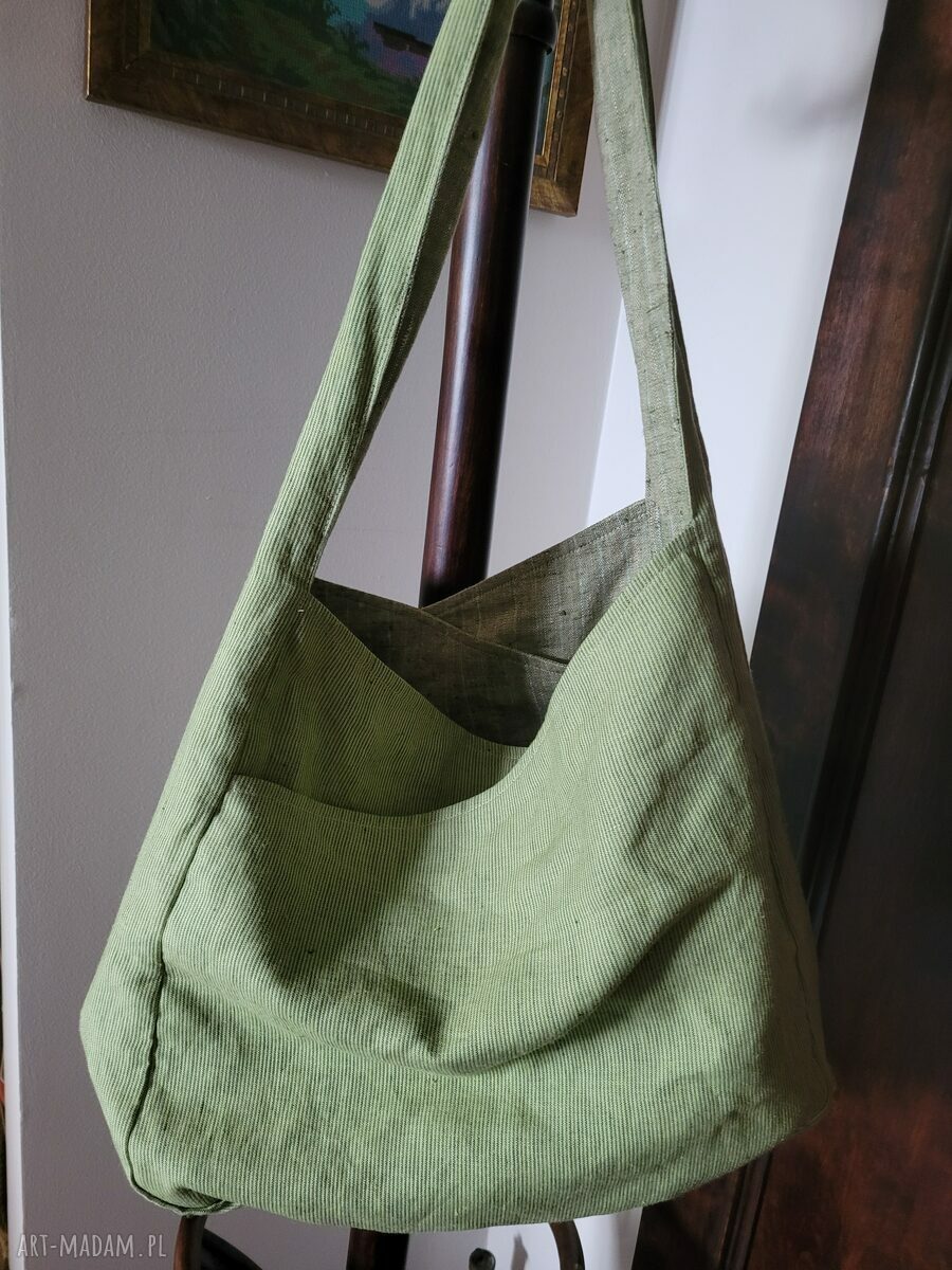 Torba lniana dwustronna na ramię z lnu 100% - 49x38 cm (zielone i oliwkowe paski)