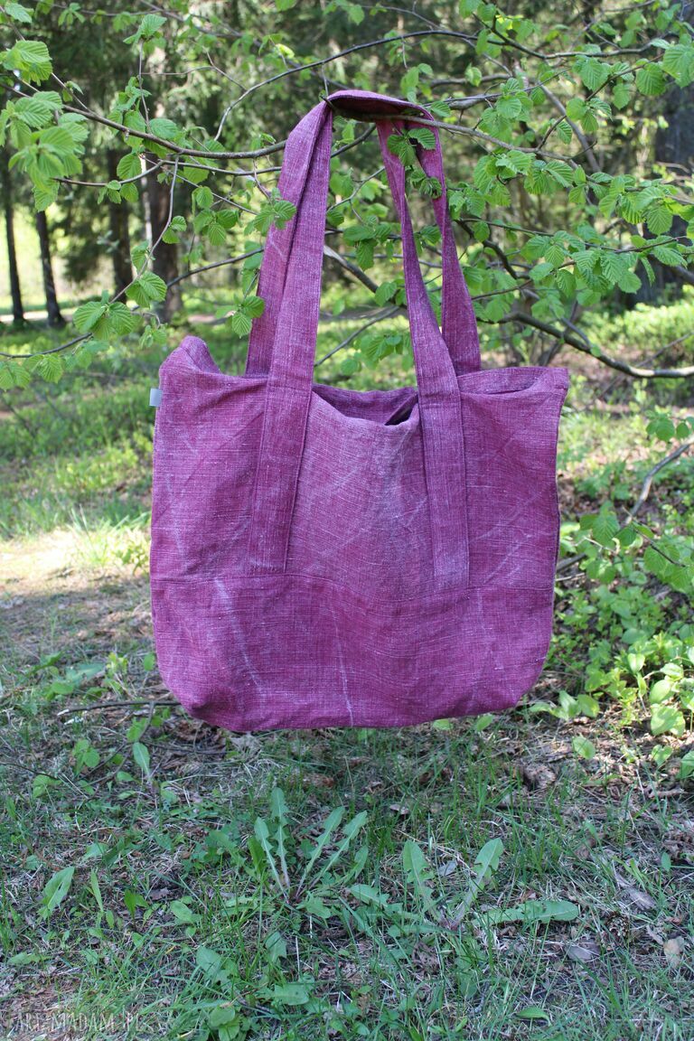 Duża torba lniana na ramię 100% len 56x52 cm - bordowy wytarty