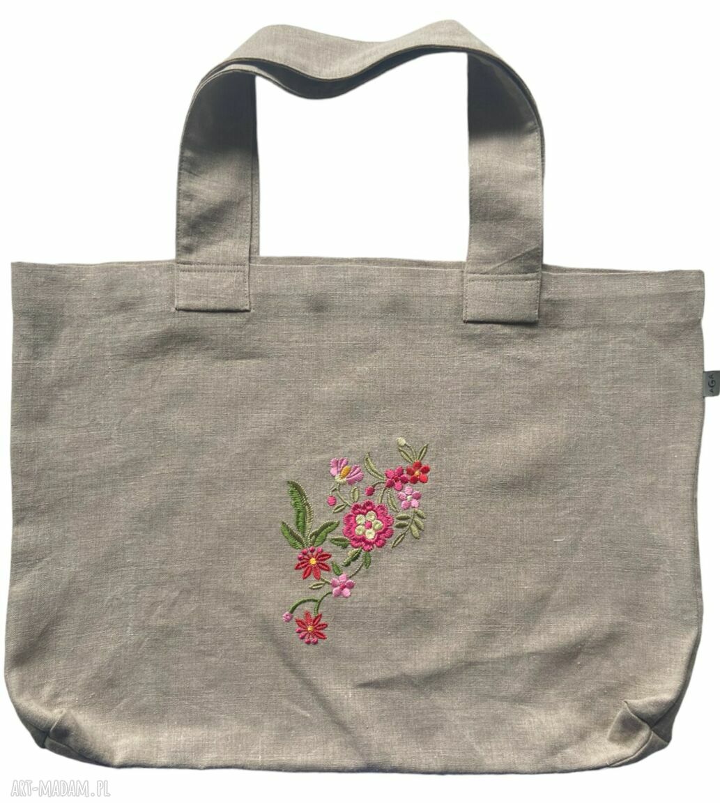 Torba lniana na ramię z haftem 100% naturalny len 58x42 cm - Kwiaty