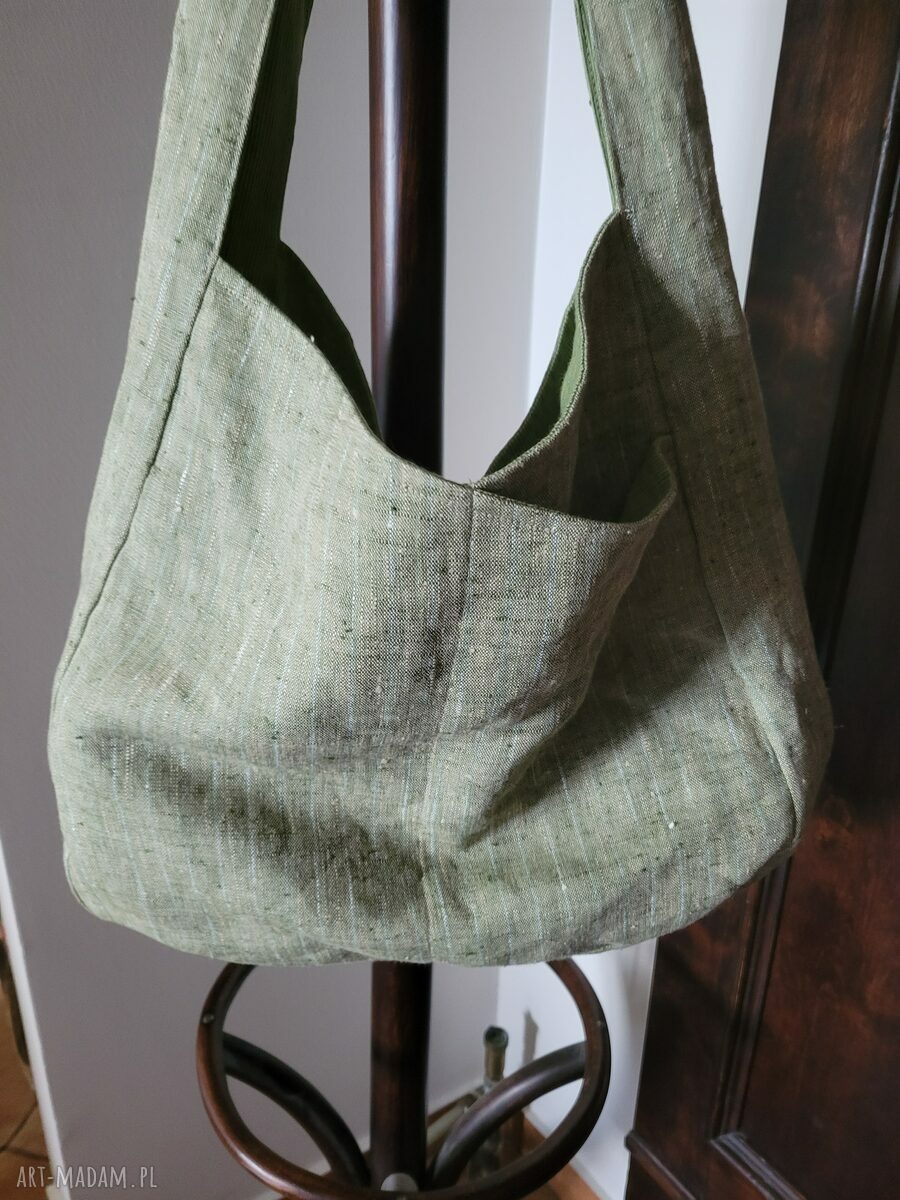 Torba lniana dwustronna na ramię z lnu 100% - 49x38 cm (zielone i oliwkowe paski)