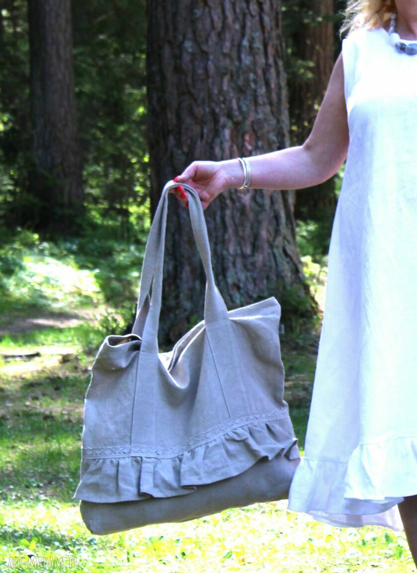 Torba lniana z falbaną 100% naturalny len 56x50 cm