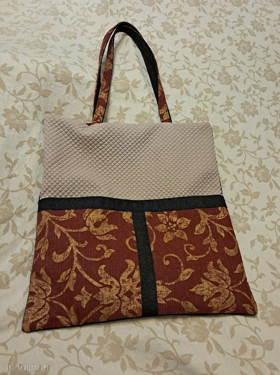 Bordowa torba na ramię vintage w kwiaty - shoperka z ozdobnymi kieszeniami