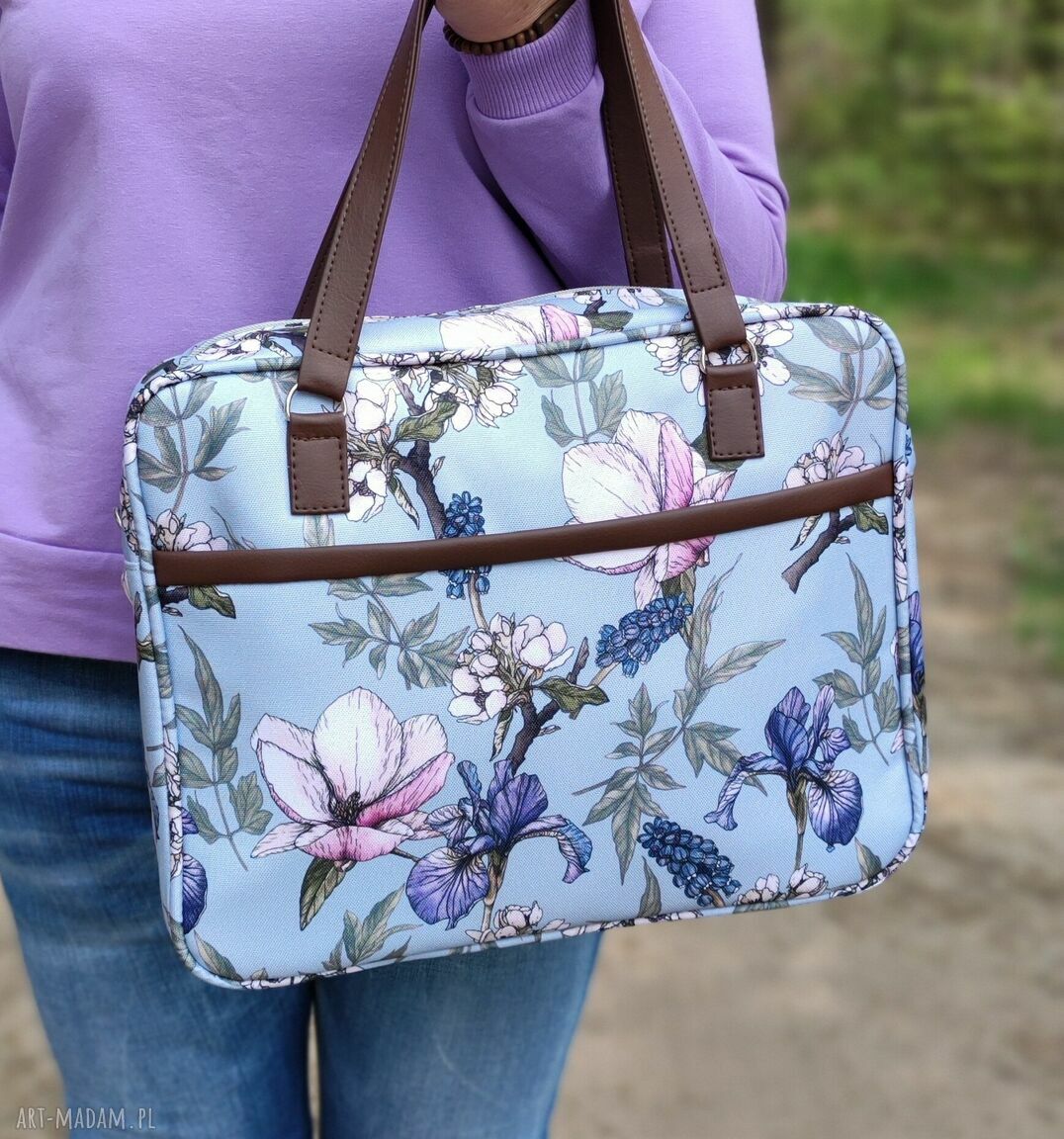 Torba miejska na ramię ptaki i kwiaty z czarnymi rączkami - handmade