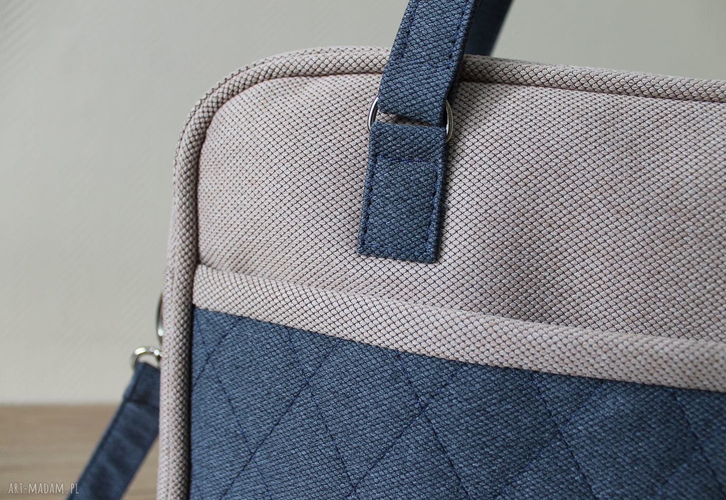 Torba miejska na ramię beż i granat - elegancka, pikowana, handmade (A4)