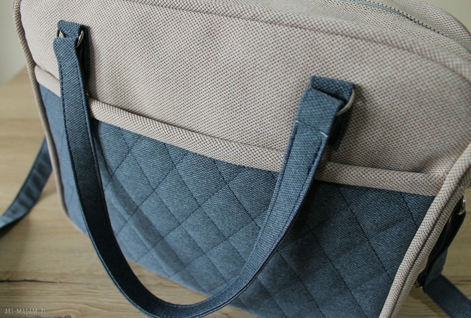 Torba miejska na ramię beż i granat - elegancka, pikowana, handmade (A4)