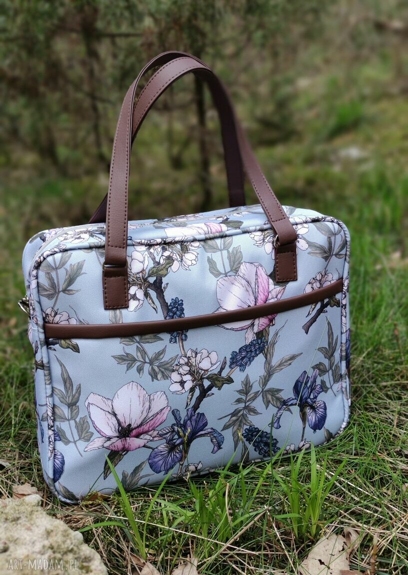 Torba miejska na ramię ptaki i kwiaty z czarnymi rączkami - handmade