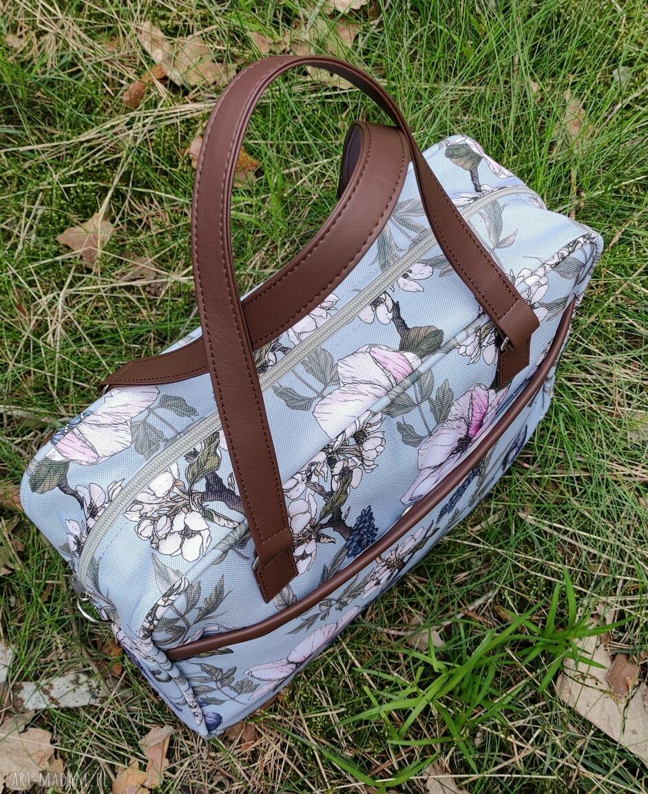 Torba miejska na ramię ptaki i kwiaty z czarnymi rączkami - handmade