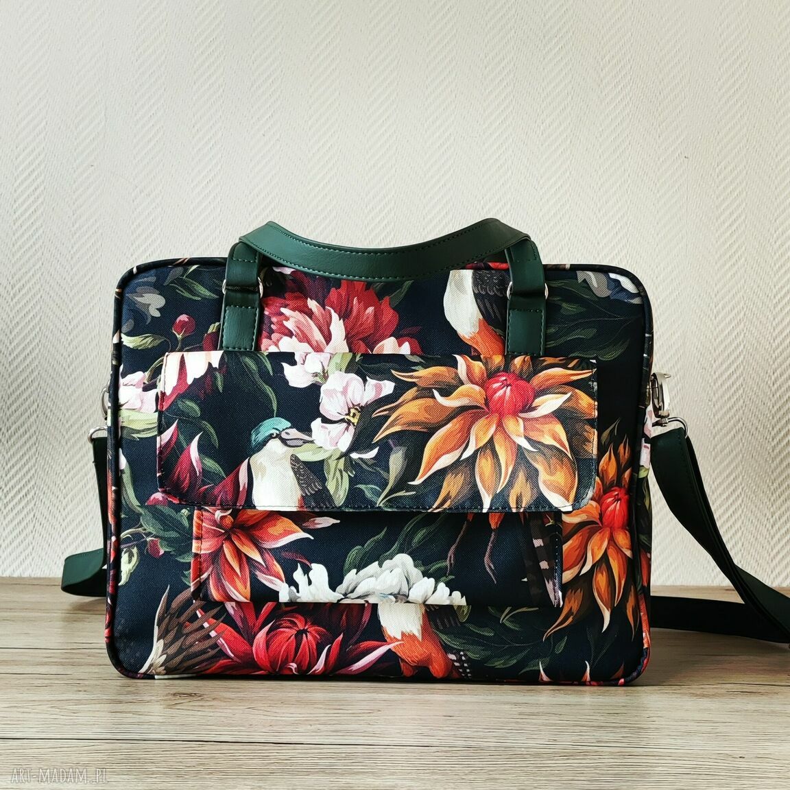 Torba miejska na ramię ptaki i kwiaty z czarnymi rączkami - handmade