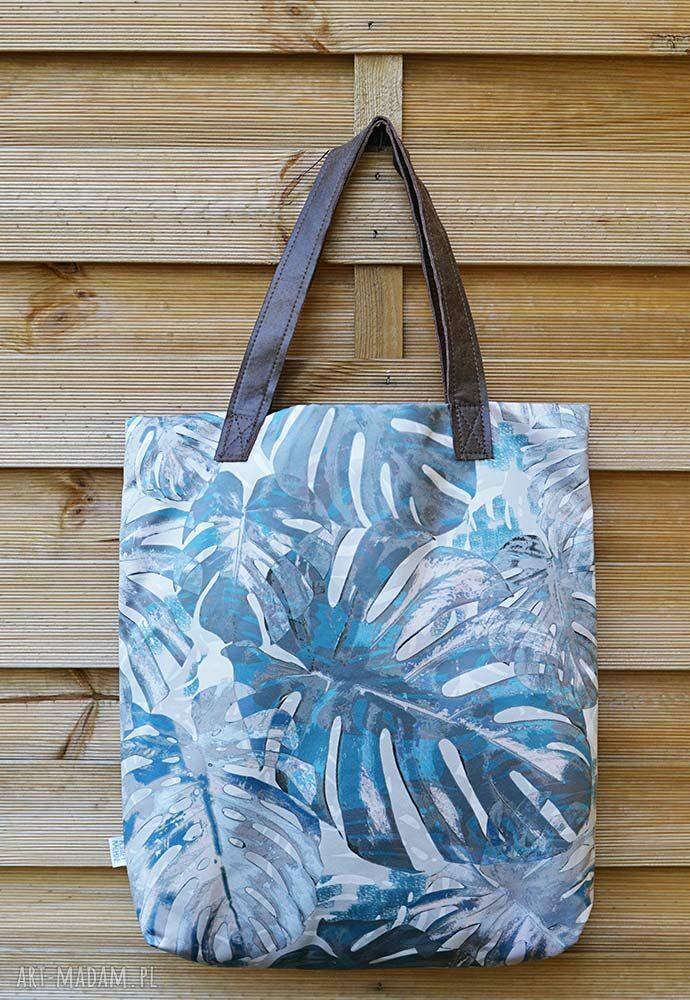 Torba Mr M Monstera Blue z naturalną skórą - shopper na ramię