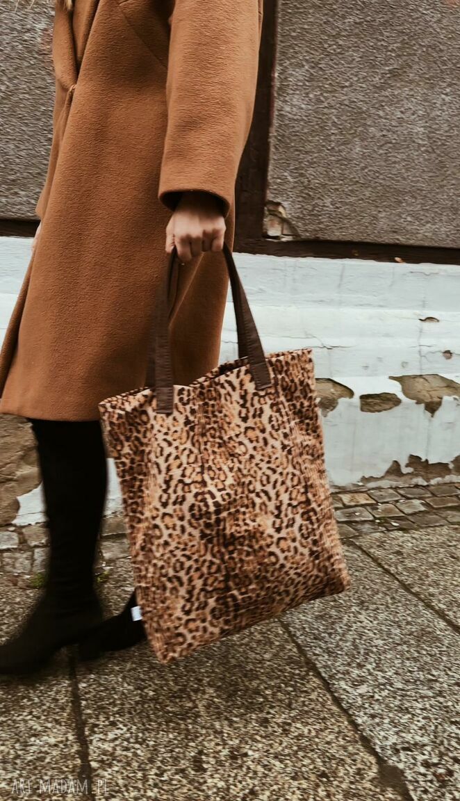 Pojemna torba shopper w panterkę z uszami ze skóry naturalnej
