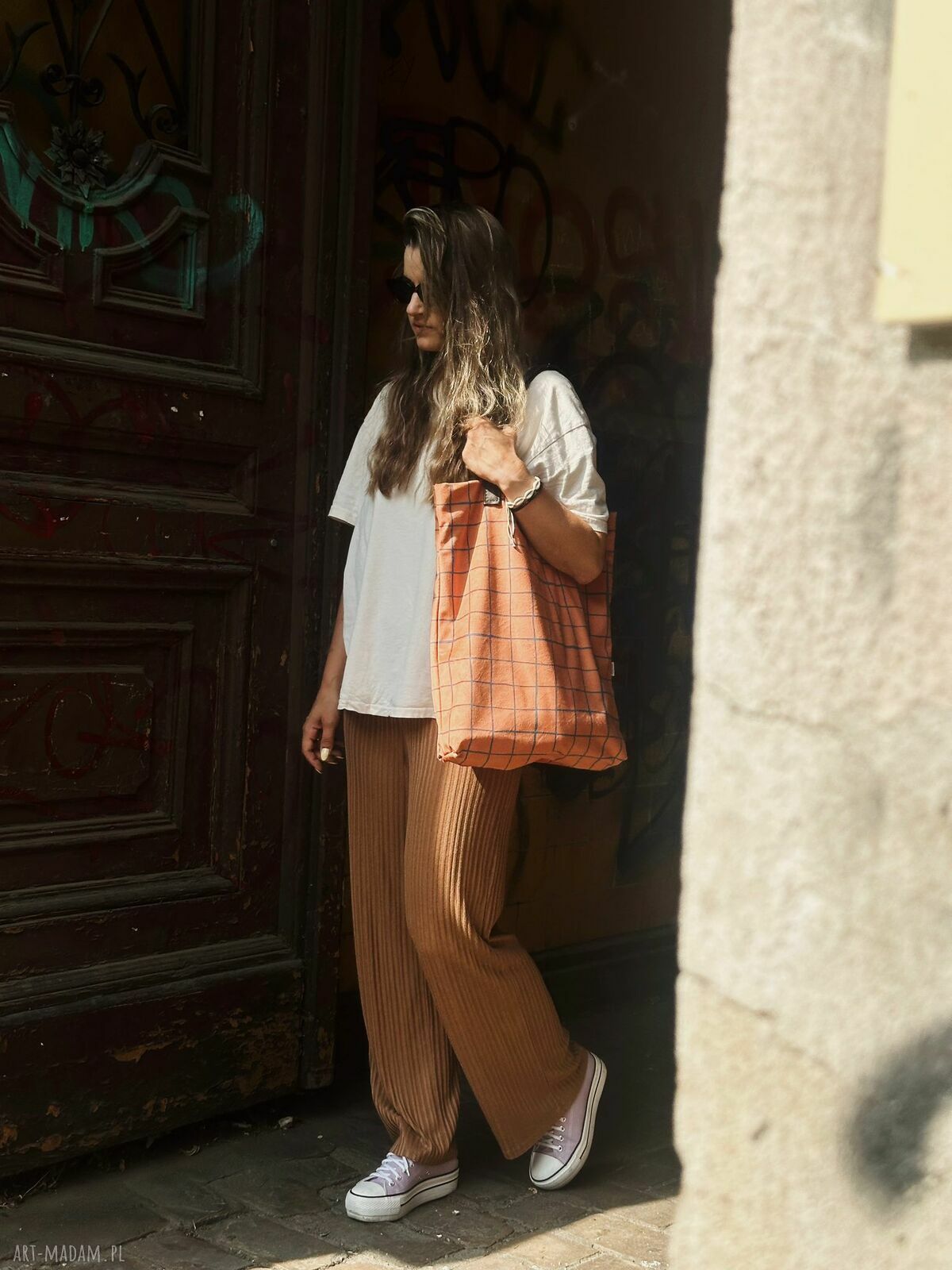 Torba shopper na ramię Mr. m Pop - pomarańczowa - uszy ze skóry naturalnej