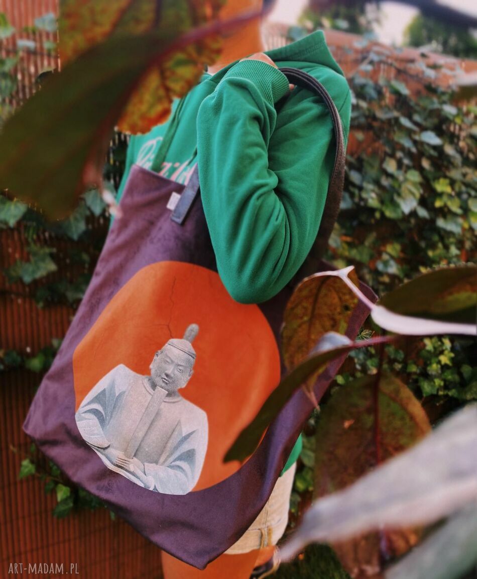 Torba na ramię typu shopper bag "samuraj" burgund - uszy ze skóry naturalnej
