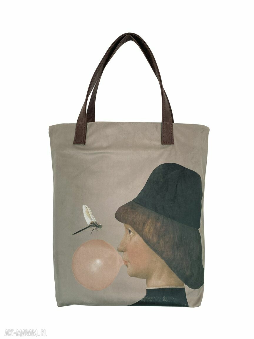 Pojemna torba shopper na ramię z uszami ze skóry naturalnej „Młodzieniec z ważką” (beż)