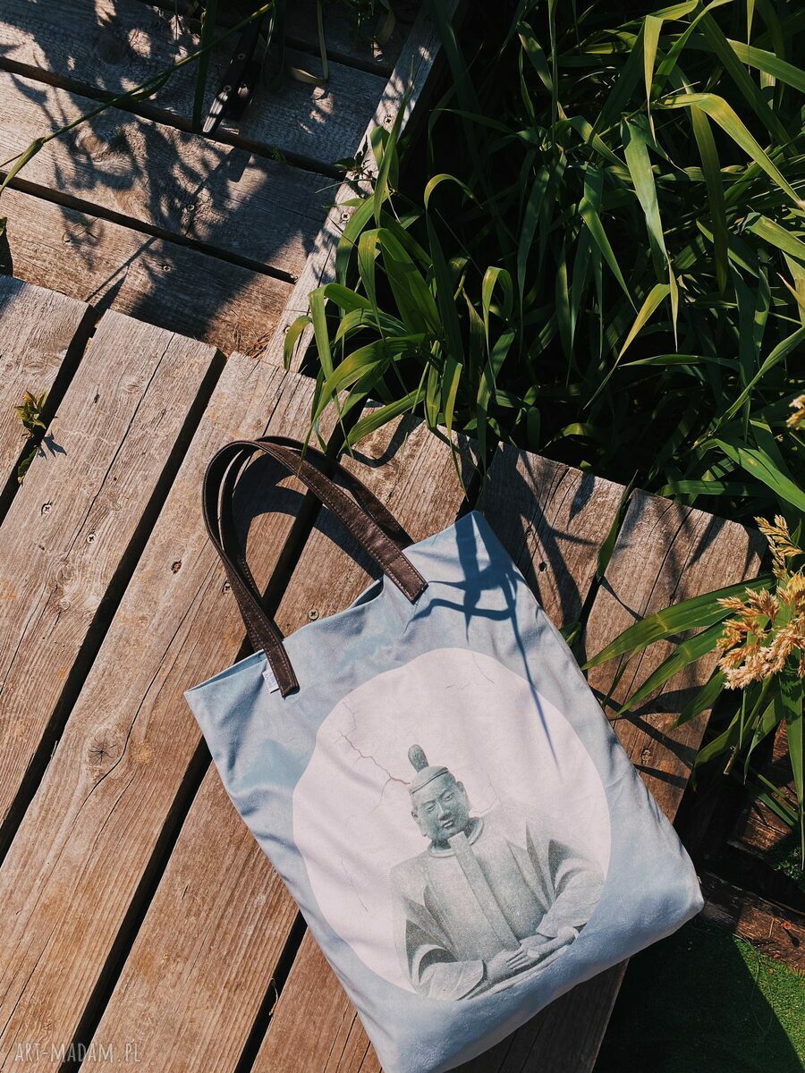Pojemna torba shopper Mr. m x Ravenart "Samuraj" - szaroniebieska, uszy z naturalnej skóry