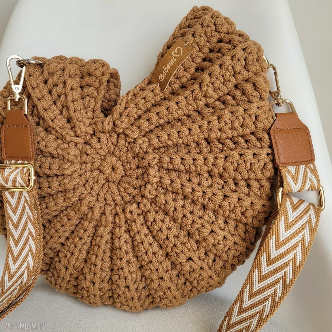 Torba muszla z sznurka bawełnianego - boho zig-zag na lato na ramię