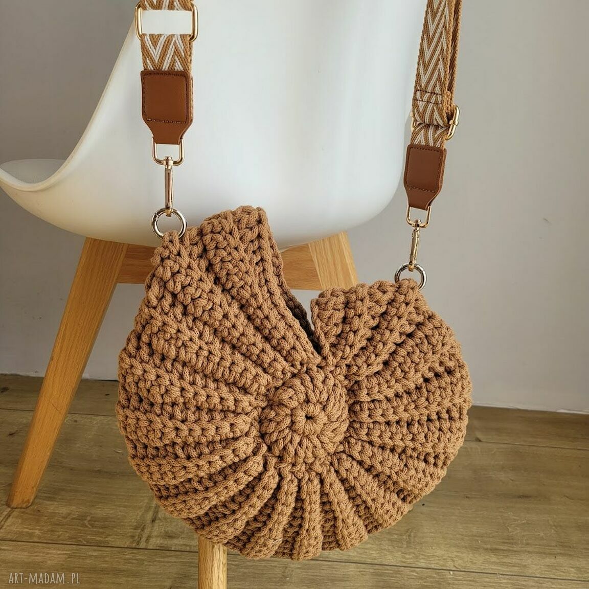 Torba muszla z sznurka bawełnianego - boho zig-zag na lato na ramię