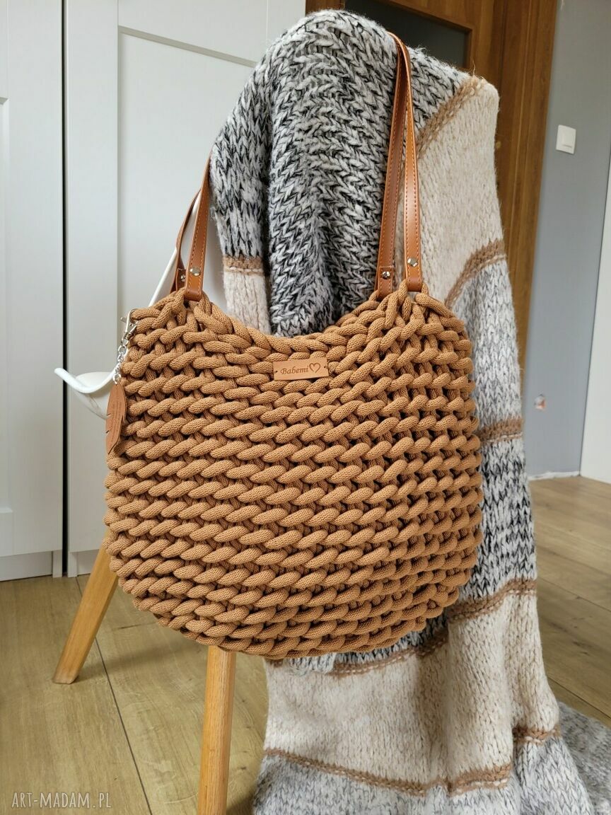 Duża torba na ramię Boho Wave bag - karmelowa z sznurka bawełnianego