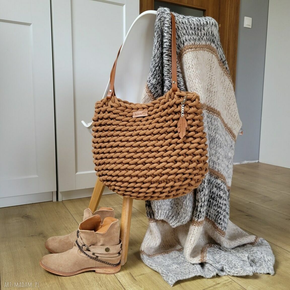 Duża torba na ramię Boho Wave bag - karmelowa z sznurka bawełnianego