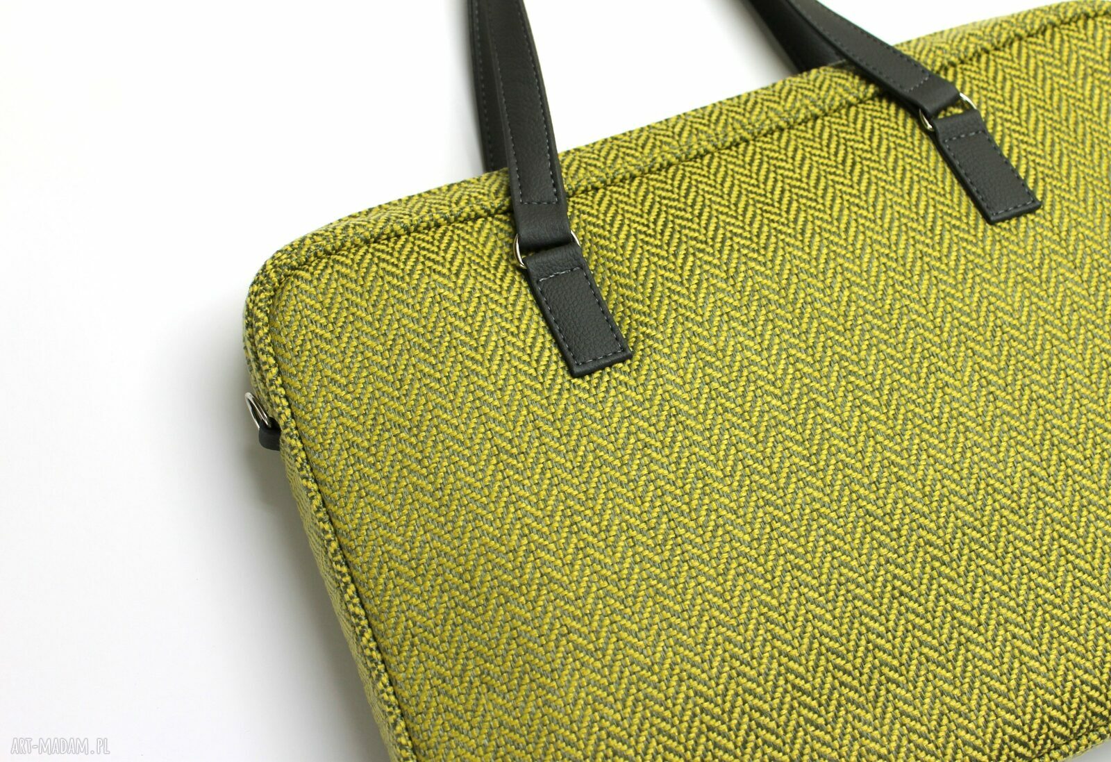 Torba na laptop - tkanina w jodełkę lemon i skóra stalowa