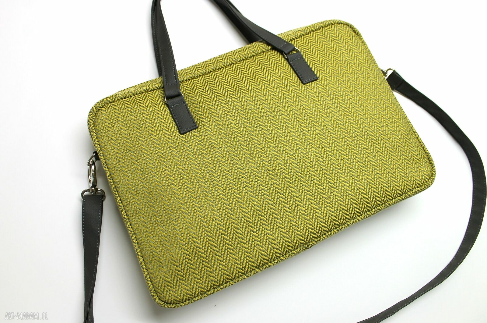 Torba na laptop - tkanina w jodełkę lemon i skóra stalowa