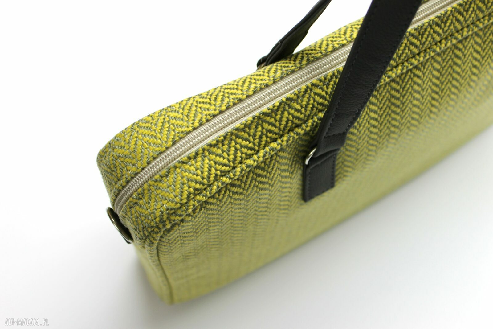 Torba na laptop - tkanina w jodełkę lemon i skóra stalowa