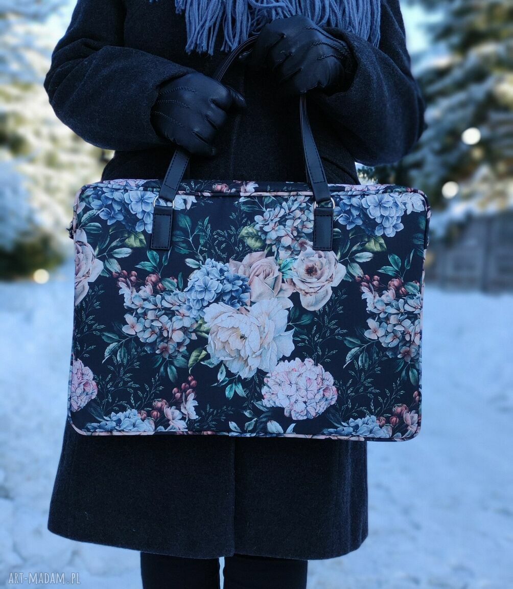 Torba na laptop 15,6 - kwiaty - elegancka aktówka handmade