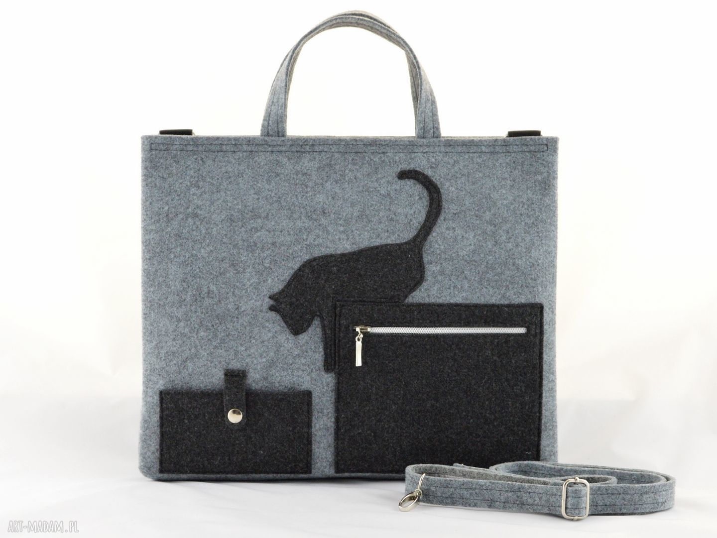 Torba na laptopa szara z kotkiem Hand Made