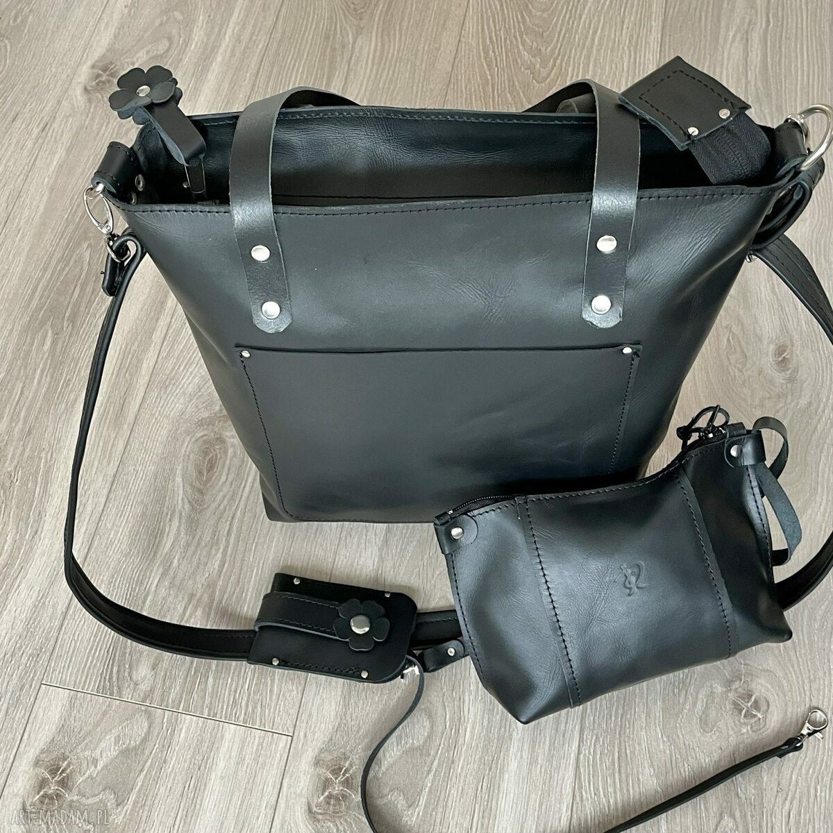 na ramię: Torba na ramię czarna ze skóry. Format A4. Hand Made