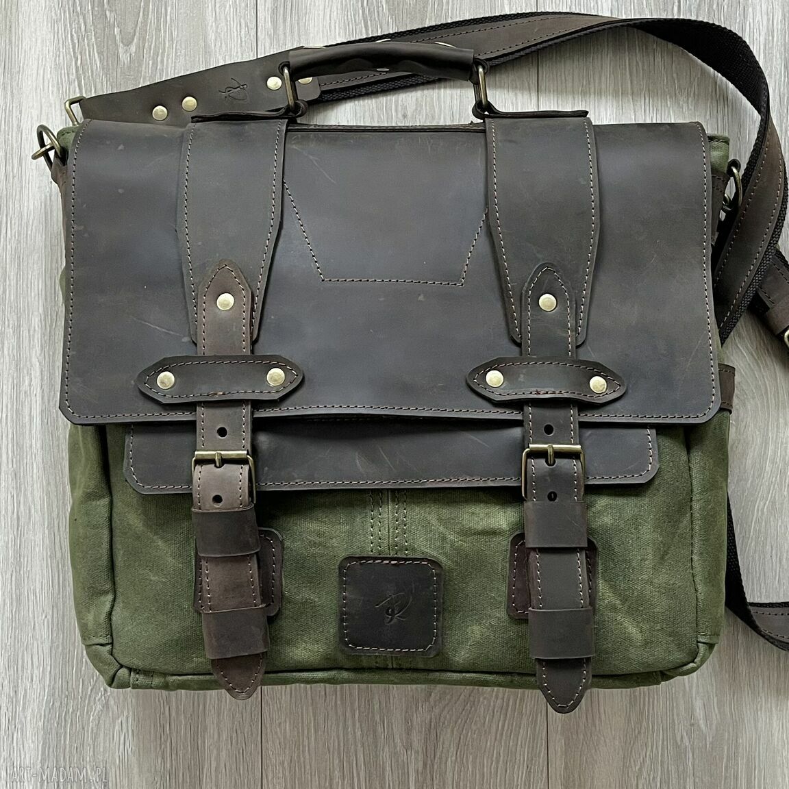 Torba skóry bawełny woskowanej zielona vintage teczka skórzana