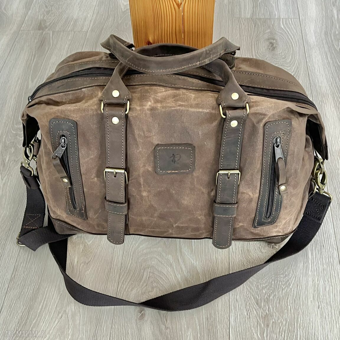 podróżne: Torba bagażowa podróżna brązowa ze skóry i bawełny woskowanej Vintage