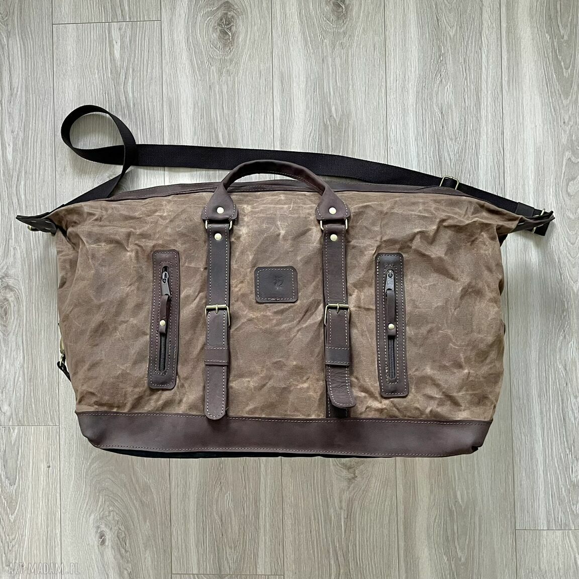 podróżne: Torba bagażowa podróżna brązowa ze skóry i bawełny woskowanej Vintage
