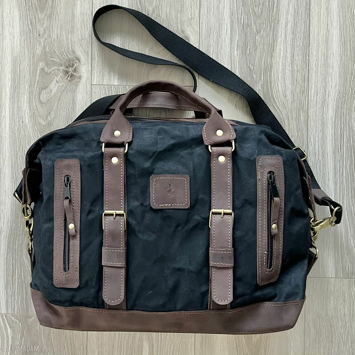 Torba podróżna czarno brązowa skóry bawełny woskowanej vintage