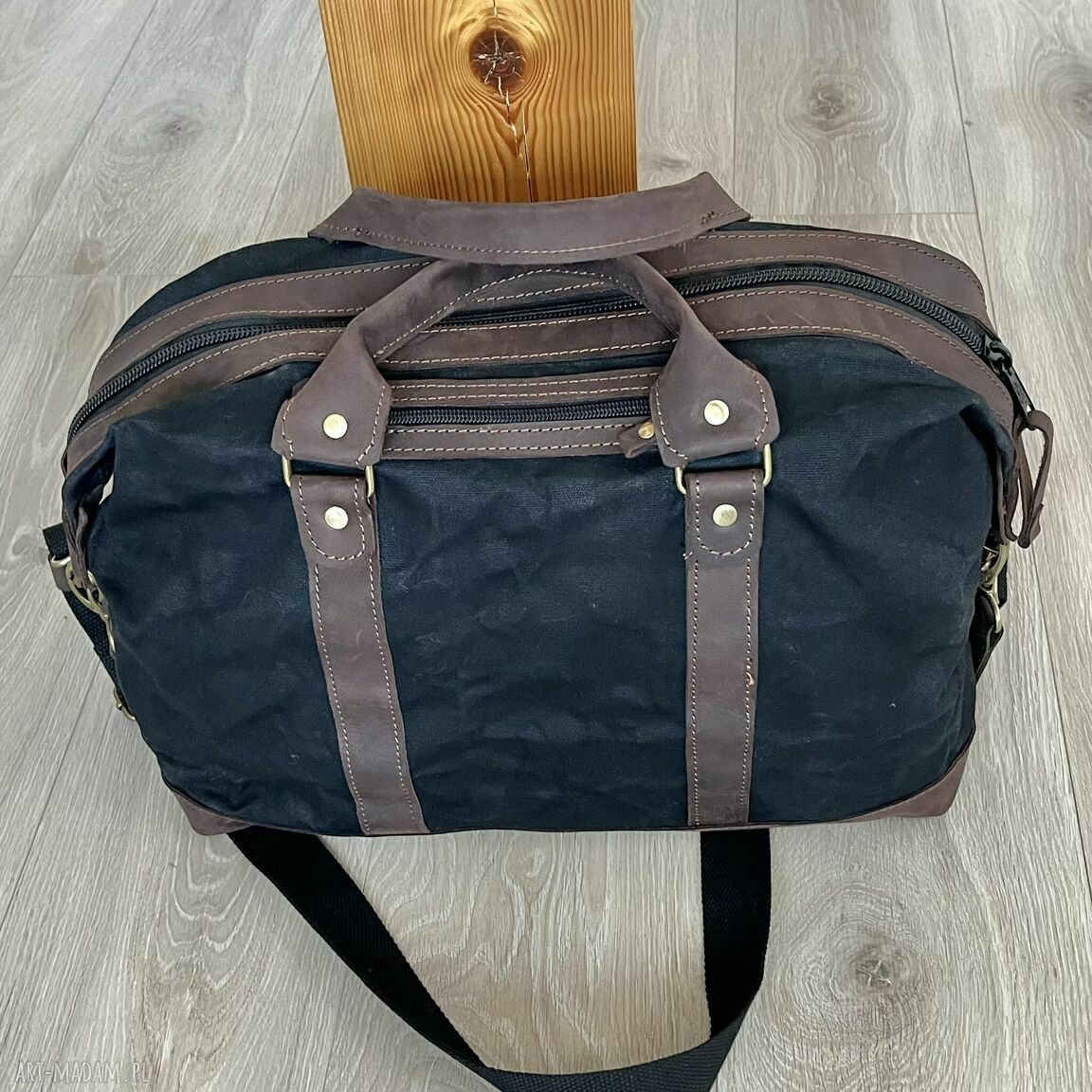 podróżne: Torba podróżna czarno brązowa ze skóry i bawełny woskowanej Vintage