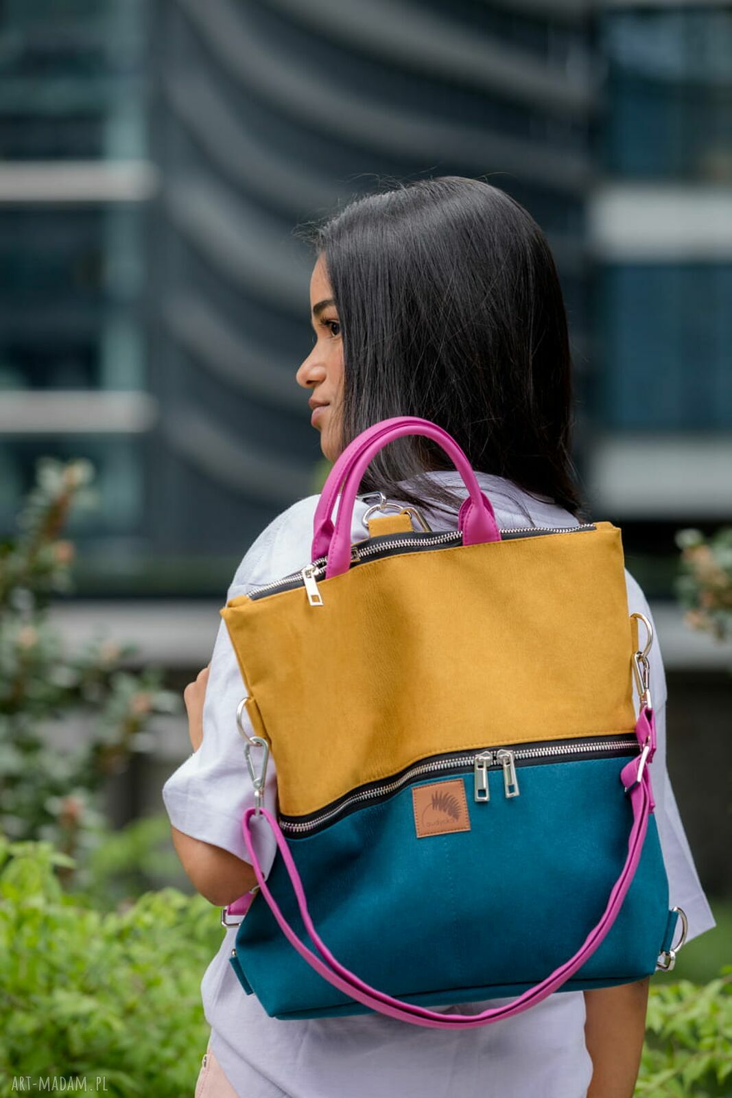 Plecak-torba 2w1 z nubuku tapicerskiego - musztardowy i turkusowy