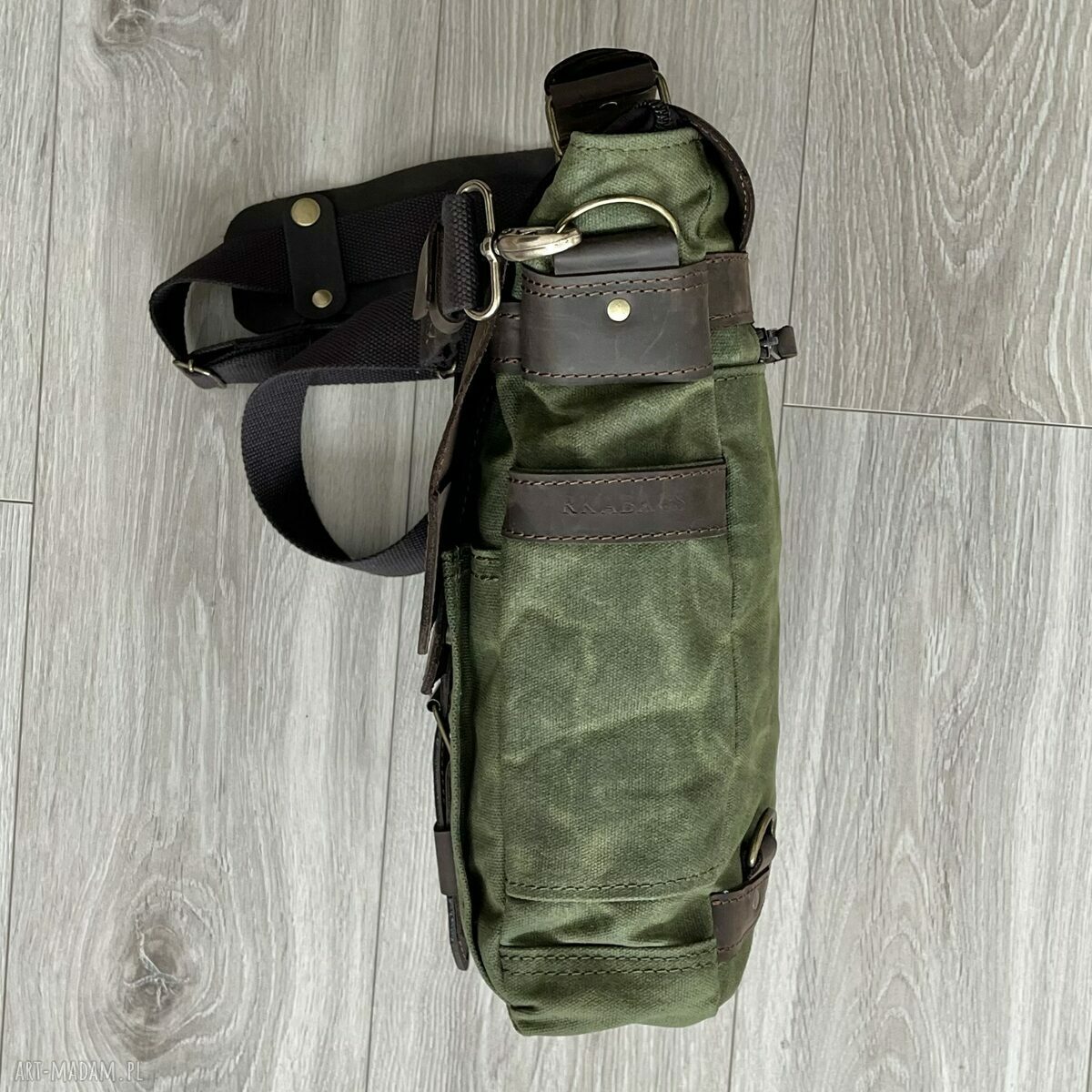 teczki: Torba plecak ze skóry i bawełny woskowanej zielona. Vintage. Ręcznie