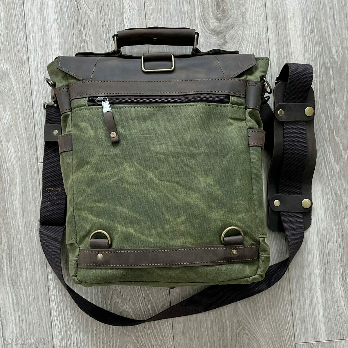 teczki: Torba plecak ze skóry i bawełny woskowanej zielona. Vintage. Ręcznie