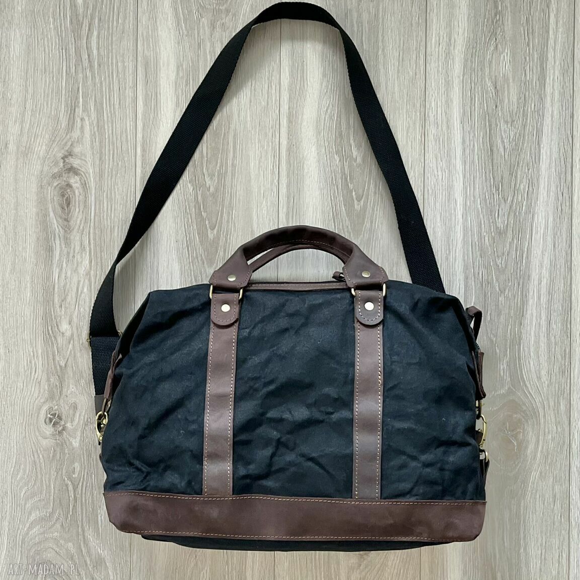 podróżne: Torba podróżna czarno brązowa ze skóry i bawełny woskowanej Vintage