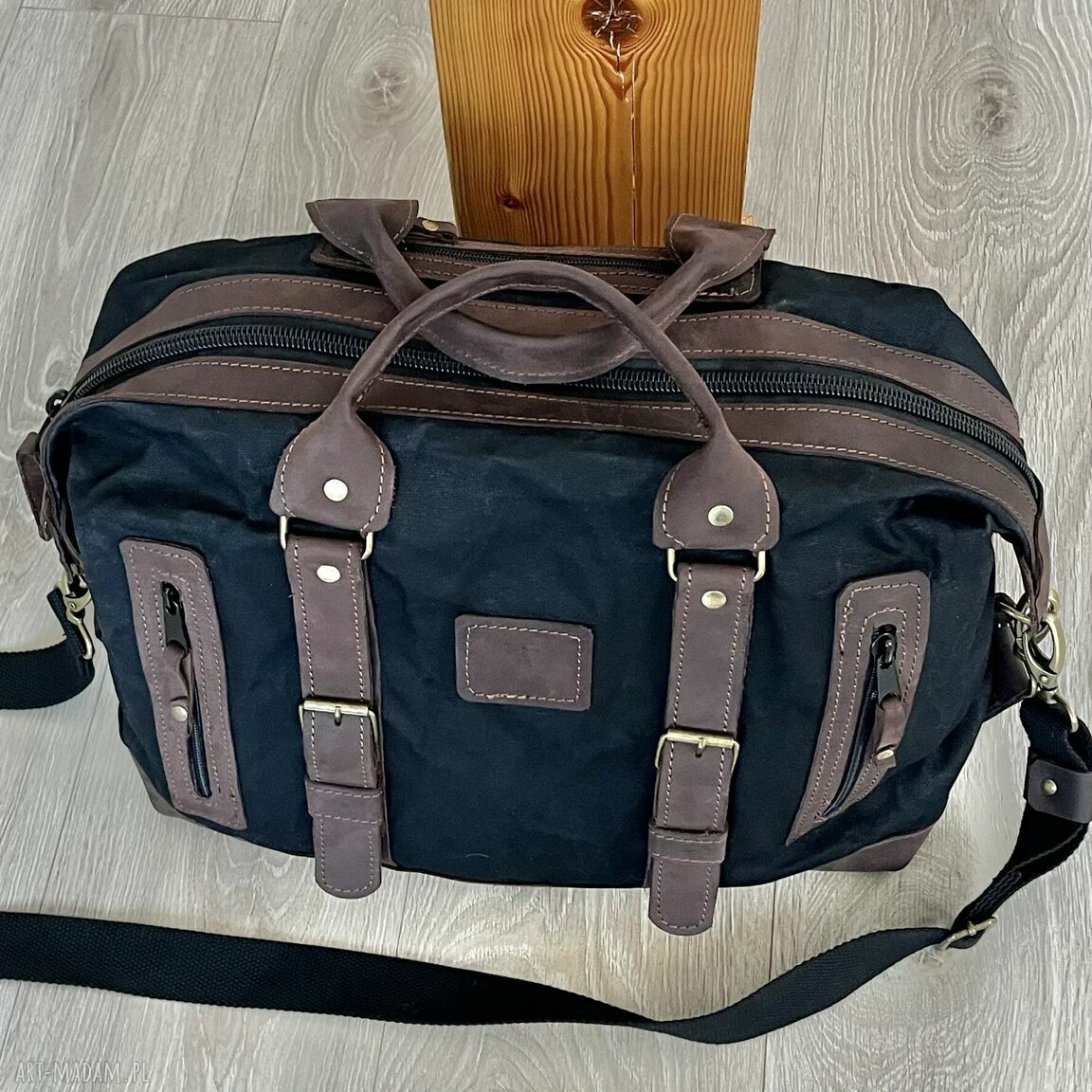 podróżne: Torba podróżna czarno brązowa ze skóry i bawełny woskowanej Vintage