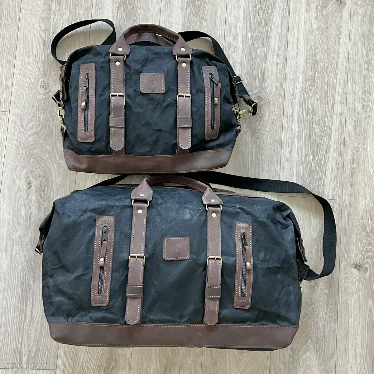 podróżne: Torba podróżna czarno brązowa ze skóry i bawełny woskowanej Vintage