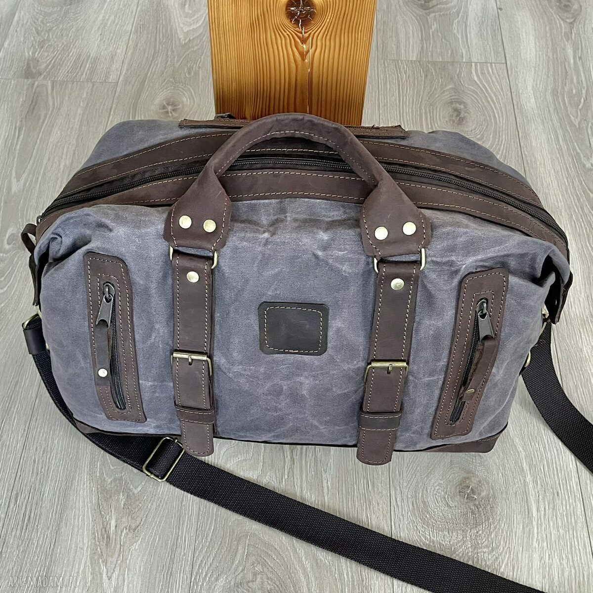 Torba podróżna szaro-brązowa ze skóry i bawełny woskowanej Vintage